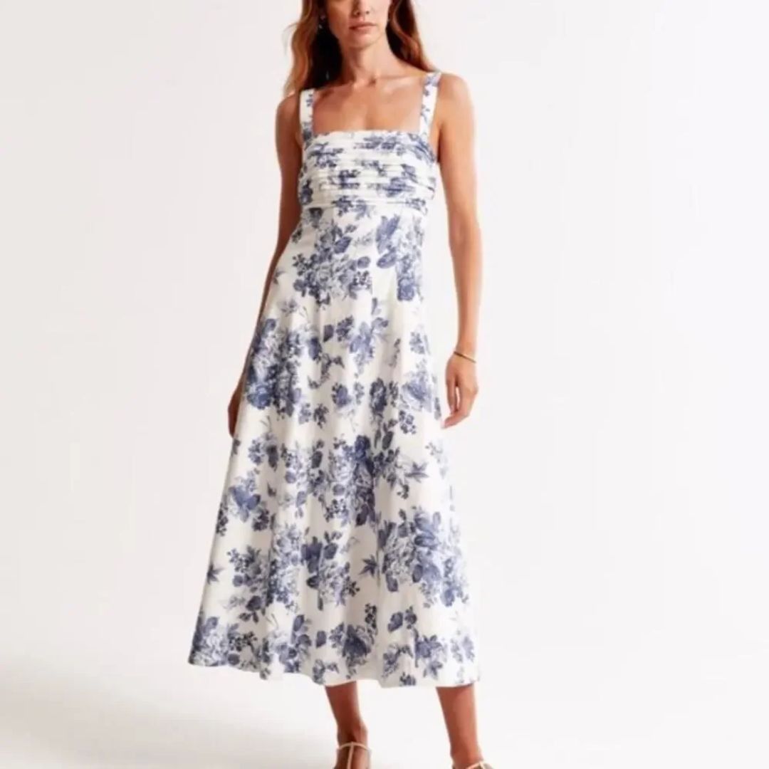 Abercrombie Fitch Linen Blend Emerson Fit Flare Midi Dress Blue Floral Small New